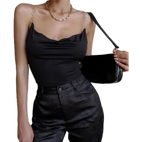 Sexy Metal Chain Skinny Bodysuit Streetwear Women Sleeveless V Neck Bodycon Solid Romper Leotard Jumpsuit Ladies Body Tops