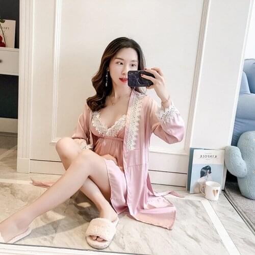 Pink Womens 2PC Strap Top Pajamas Sleepwear Sets Lady Home Wear Nightgown Suit Sexy Kimono Robe Bath Gown Sleepshirts M-XL