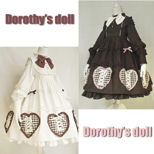 2018 Design Dorothys Doll OP Lolita Dress Cotton Long Sleeve Bows Fancy Dolly Dress Hearts Color Beige & Brown