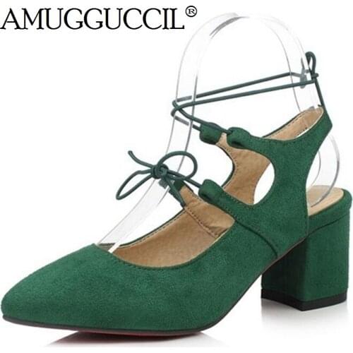 Plus Big Size 34-46 Red Green Black Lace Up Fashion Sexy Mid Heel Girl Female Lady Womens Shoes Pumps D1166