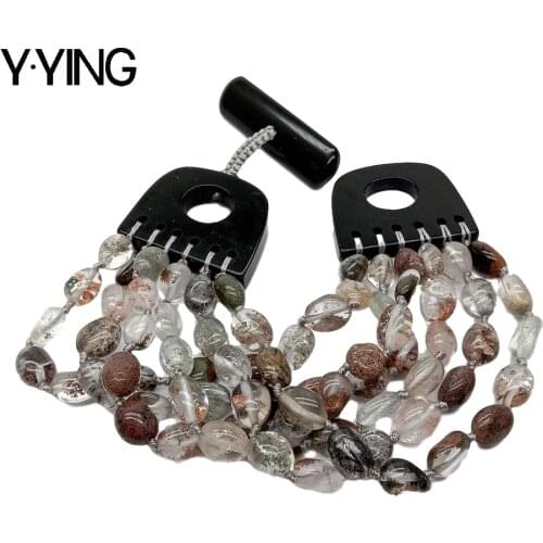 Y·YING Natural 6 Rows Phantom Quartzs Oval Nugget Bracelet 8" Onyx clasp handmade for women