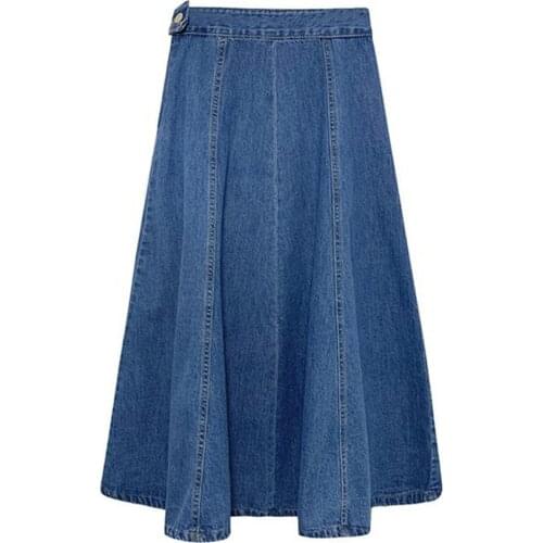 2021 Spring Summer High Waist Pleated Denim Skirt Elegant Vintage Mid-Calf Jean Long Skirt Plus Size Midi Flare Skirts Clothes
