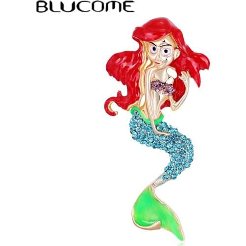 Blucome Cartoon Enamel Crystal Mermaid Brooches Pins For Women Girl Lovely Resin Animal Sea-Maid Brooch Jewelry Wedding Gifts