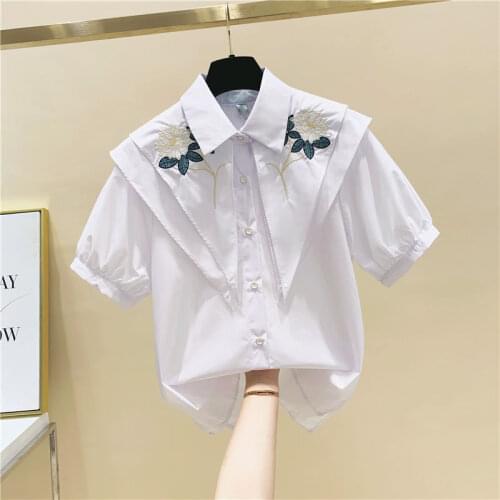 Flower Embroidery Women White Shirts Summer Design 2021 Turn-Down Collar Solid Office Lady Elegant Outwear Coats Tops
