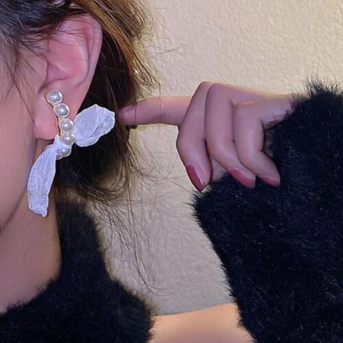 U-Magical French Chiffon Bowknot Imitation Pearl Dangle Earring for Women Temperament Black White Wedding Earring Jewellery