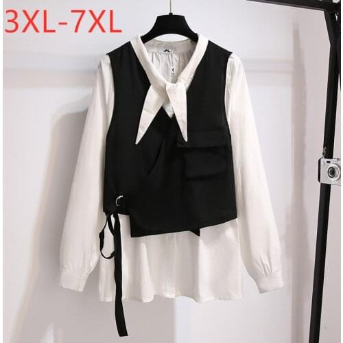 New 2021 Ladies Spring Autumn Plus Size Tops For Women Large Loose Long Sleeve White Cotton Button Bow Shirt 3XL 4XL 5XL 6XL 7XL