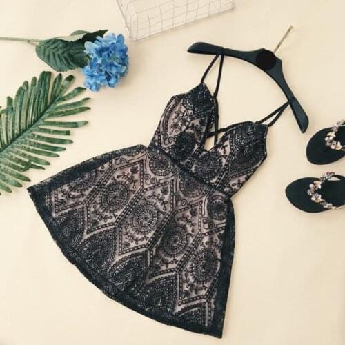 New Summer Women Sexy V-Neck Backless Crossed Spaghetti Strap Mini Dress High Quality Hook Flower Hollow Chemical Lace Dress