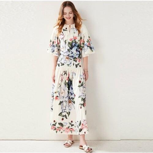 New Spring Summer Women Bandage V-Neck Speaker Sleeve Loose Maxi Dress High Quality Flowers Print Vintage Long Dress