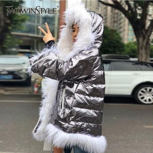 TWOTWINSTYLE Patchwork Wool Cotton Coat For Women Hooded Collar Long Sleeve Women Coat Female 2020 Fashion Clothing Winter Tide