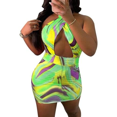 Womens Fashion Tie-dye Print Skinny Dress Sexy Halter Bandage Backless Short Dress