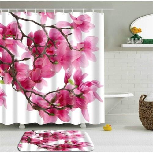 2Pcs/Set Flower Scenery Shower Curtains Set Mat Bathroom Waterproof Bath Curtains Cloth With Rectangle Non-slip Floor Mat