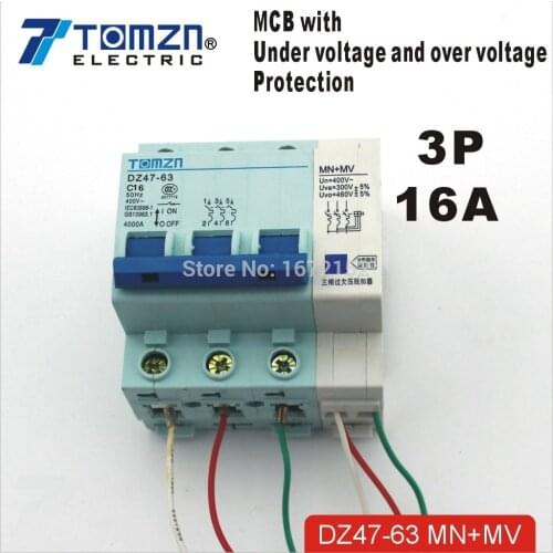 3P 16A 400V~ 50HZ/60HZ MCB MN+NV with over voltage and under voltage protection Mini Circuit breaker C16A