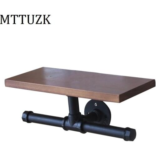 MTTUZK Black Iron Pipe Toilet Paper Holder Industrial Retro Style Toilet Roll holder with mobile phone rack Bathroom Shelf