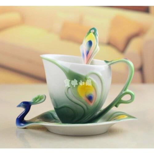 Enamel Peacock Coffee Mug Caneca Cup Set Ceramic Drinkware Creative China Bone Copos
