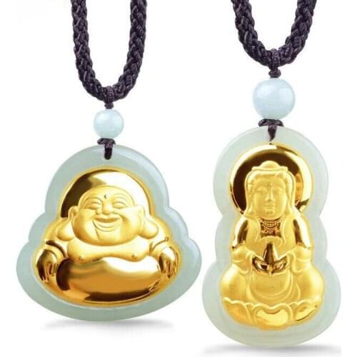 Beautiful Pure Inlaid With Natural Hetian Pendant necklace Guanyin Buddha