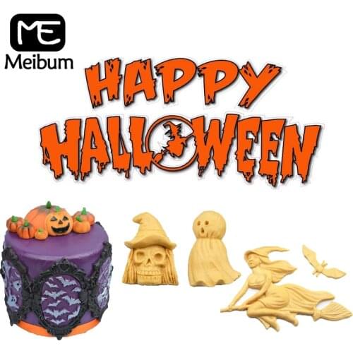 Meibum Halloween Decoration Fondant Silicone Cake Molds Ghosts Pumpkin Witch Bat Cat Sugar Craft Chocolate Moulds Pastry Tools