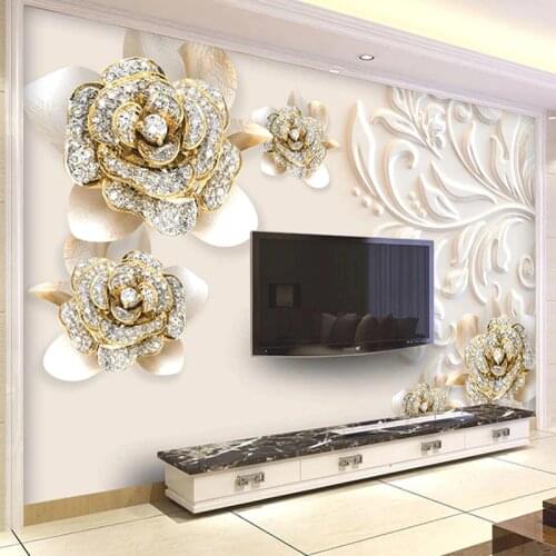 Custom Mural Wallpaper For Walls 3D Jewelry Diamond Flowers Embossed Living Room Bedroom TV Background Wall Painting Home Decor