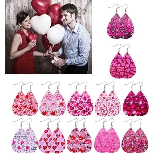 12 Pairs Valentine Day Leather Earrings Women Lightweight Heart Shape Print Teardrop Dangle Faux Leather Earrings Kit X7XB