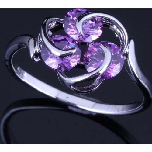 Pleasant Three Stones Round Purple Cubic Zirconia Silver Plated Ring V0687