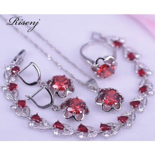 Silver Color Jewelry Flower Square Red Crystal & White CZ Jewelry Set For Women Earrings Ring Necklace Bracelet Set