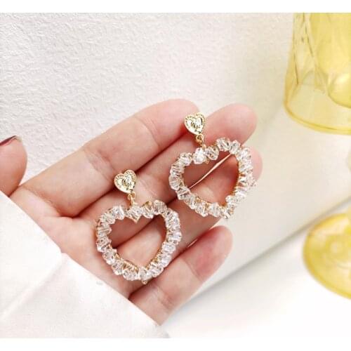 Korean Style Retro Full Rhinestone Hollow Heart Clip Earrings Fashion Glass Heart-shaped Clip on Earrings No Piercing Women