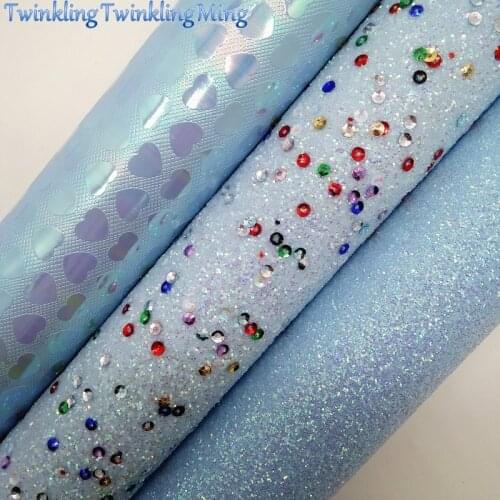 BLUE Glitter Fabric, Hearts Embossed Faux Fabric, Synthetic Leather Sheets For Bows A4 21x29CM Twinkling Ming XM952