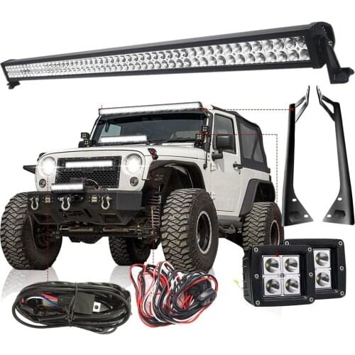 For 87-95 Jeep Wrangler YJ 50Inch LED Light Bar + 3X3 Pods Work Lights + Roof Mounting Bracket + Free Wire Harness YJ Set