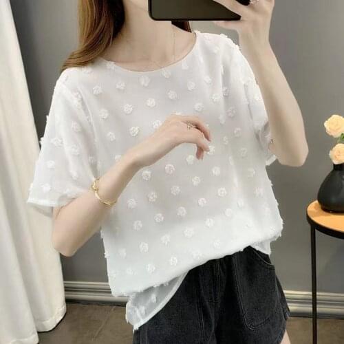 Womens Round Neck Short Sleeve Blouse Chiffon Swiss Dot Shirt Tops