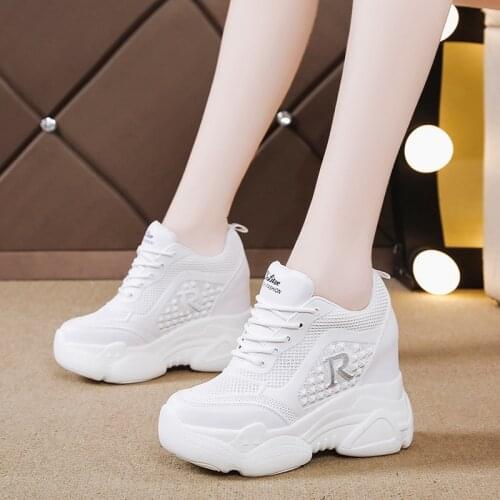 New 2019 Autumn Black White Hidden Wedge Heels Casual Shoes Spring Womens Elevator High-heels Boots Women Sneakers 8cm Heels
