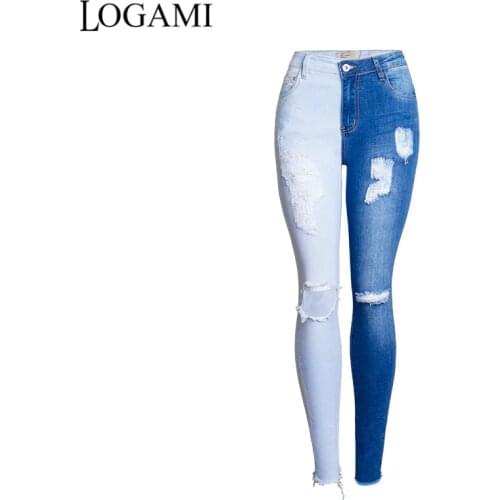 LOGAMI Skinny Ripped Jeans Woman 2021 Contrast Color Slim Jeans For Women Denim Pants
