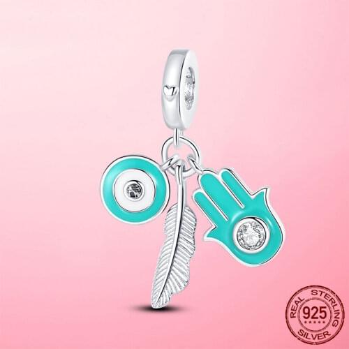 925 Sterling Silver Lucky Charm Beads Eye Hamsa Fatima Hand Feather Charm Pendant Fit Original Pandora Bracelet for Women Gift