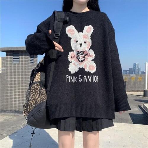Autumn Winter Harajuku bunny Knitting Sleeve Sweater Casual OverSize Women Tide Printed Sweater Loose y2k top Pullover Goth punk