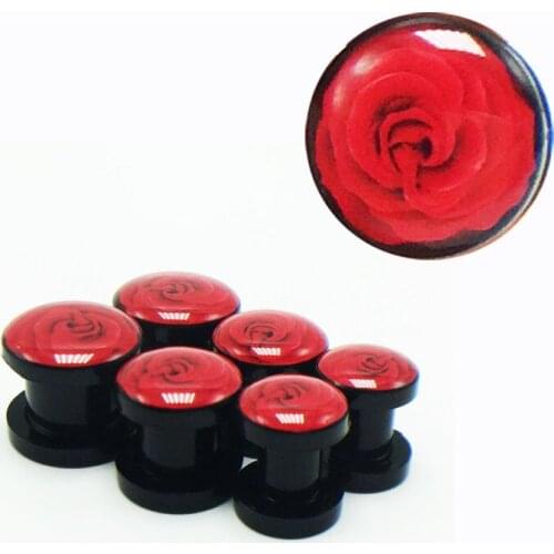 1 pair free shipping womens red rose ear tunnels plugs piercing expanders acrylic anti-allergic black body pircing jewelry new