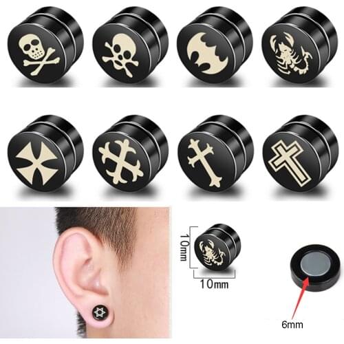 10mm Round 1Pc Titanium Steel Skull Punk Gothic Barbell Stud Earrings Magnetic For Women Men Jewelry Unisex Rock Non-Piercing
