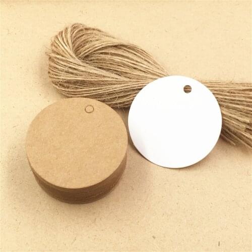100Pcs/Lot Round Blank White Brown Diameter 4cm Kraft Paper Labels Gift Wedding Hang Tags Accept Custom+100Pcs Hemp Strings