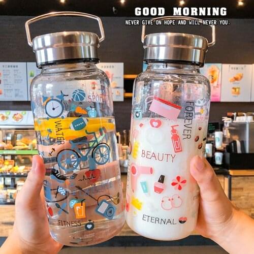 1000ml Summer Cartoon Graffiti Glass Water Bottle Outdoor Portable Space Cup Travel Tea Cup Drinkware Kawaii Glass Bottles