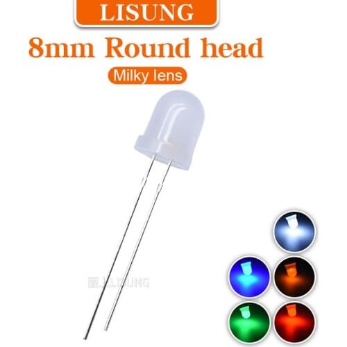500Pcs/Bag 8mm Led Diode Round Diffuse Milky Lens Warm White Green Blue Red Yellow High Luminous Through Hole Package