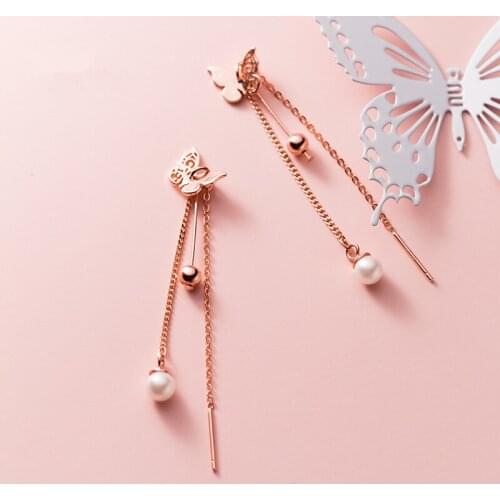 925 Sterling Silver Hollow Butterfly Long Chain Tassel Ear Line Earrings For Elegant Women Pearl Earrings Fine Jewelry
