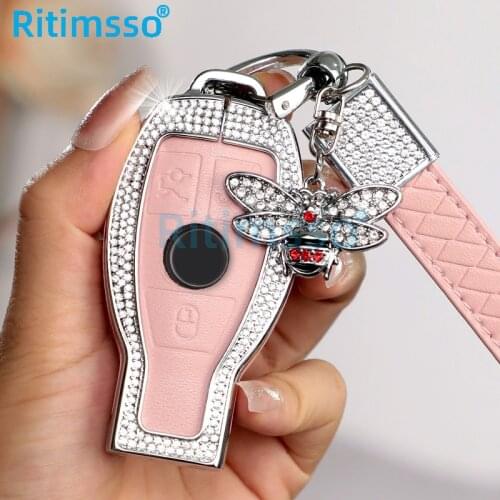 Diamond Zinc Alloy Leather Car Key Bag Case Cover Key Holder For Mercedes Benz W203 W210 W211 W124 W202 W204 AMG Accessories