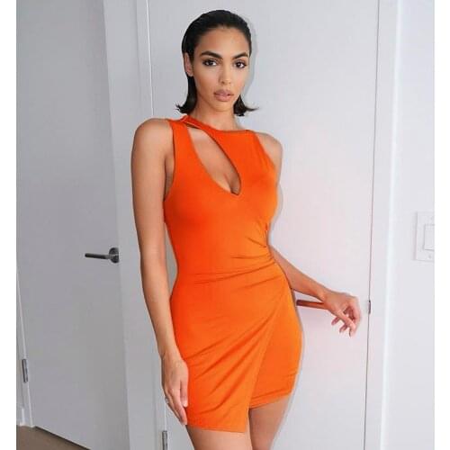 Babatique 2021 Summer Orange Bandage Dress Sleeveless Party Dress Vestidos Sexy Hollow Out Fashion Nightclub Mini Robe