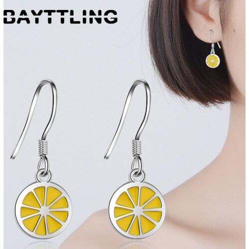BAYTTLING 925 Sterling Silver 26MM Small Fresh Yellow Lemon Drop Earrings Earrings For Women Fashion Party Jewelry Couple Gift