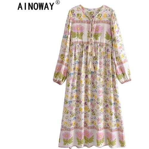 Beige Floral Print Vintage chic women tassel beach Bohemian Maxi dress Ladies rayon cotton ethnic Boho sundress