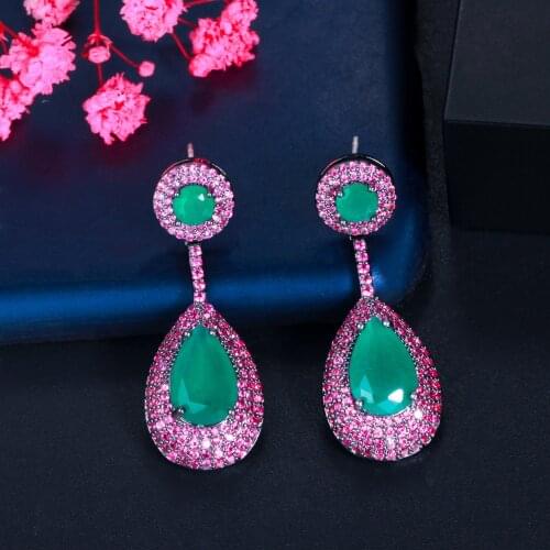 CWWZircons Micro Pave Hot Pink Cubic Zirconia Green Emerald Dangle Water Drop Silver Engagement Party Earring for Women CZ868