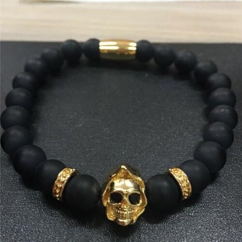 Dankaishi Micro Pave Black CZ Zirconia Gold Skull Charm Bracelet Men Dull Polish Matte Stone Bead Bracelet