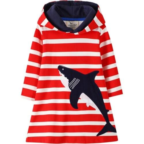 Jumping Meters New Stripe Sharks Cotton Hoodies Dresses for Autumn Winter Baby Girls Clothes Fashion Kids Dress with Hooded