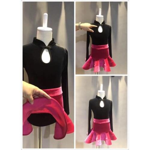 Black Rose Red Children Girls velvet Long Sleeves Latin Dance Dress Kids Salsa/Tango Dance Costumes Tops & Skirt Set