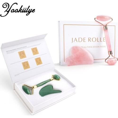ES Stock Natural Jade Roller Heart Gua Sha Scraping Board Slimming Facial Lifting Massager Face Jade Stone Skin Beauty Care Set