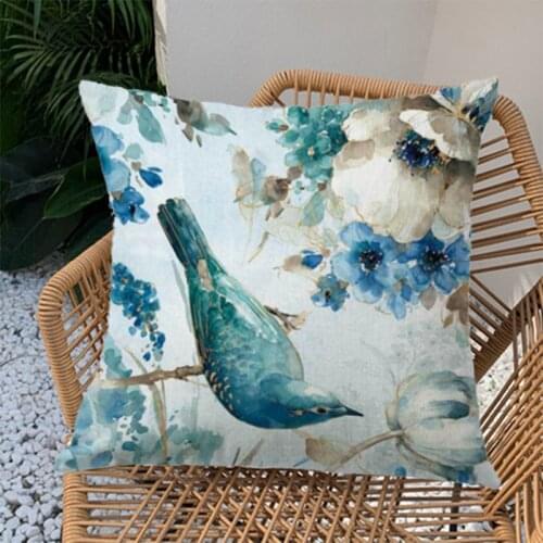 Linen Cotton Cushion Cover Blue Flowers Blue Birds Pattern And Sofa Pillow Case Home Decorative Pillow Cover Case 45cm*45cm