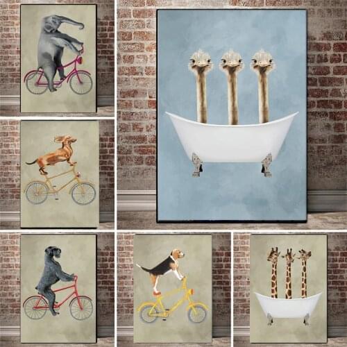 Cute Cartoon Animal Bicycle Dog Giraffe Ostrich In Bathtub Print Canvas Painting Poster Wall Art Pictures Children Room Decor