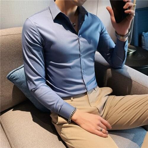 Plus Size 4XL-M 9Colors Top Quality Long Sleeve Men Dress Shirts Club Tuxedo Simple Business Formal Wear Slim Fit Chemise Homme